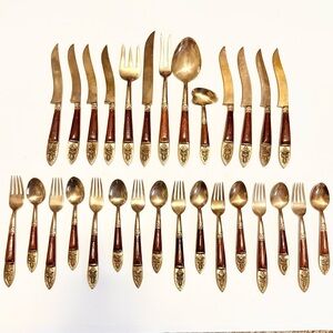 29pc VTG Siam Bronze Flatware Service for 8 + 5pc Hostess Set Rosewood Handles